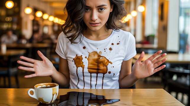 Young woman reacting to spilled iced coffee on shirt while sitting in cafe with frustrated expression