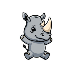 Fototapeta premium Cute Chibi Rhinoceros Mascot Character Vector Illustration Isolated on White Background. Gray Baby Rhino with Two Horns, Large Eyes, and Friendly Smile. Minimalist Cartoon Animal Graphic.