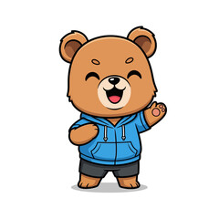 Obraz premium Adorable chibi brown bear mascot character wearing a blue hooded sweatshirt and black shorts, waving its paw with a happy smiling expression, isolated on a plain white background.