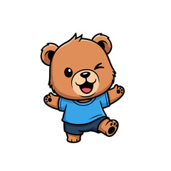 Obraz premium Cute chibi brown bear mascot character wearing a blue t-shirt and dark shorts, winking and waving happily while walking, isolated on white background, cartoon vector illustration.