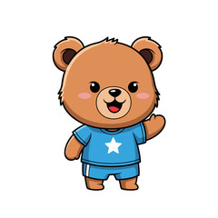 Fototapeta premium Vector illustration of a cute chibi brown bear mascot character wearing a blue t-shirt with a white star and matching shorts, smiling with rosy cheeks on a white background.