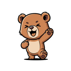 Obraz premium Cute brown bear mascot character in chibi vector style waving its hand with a happy laughing expression and closed eyes isolated on white background for stickers or graphic design.