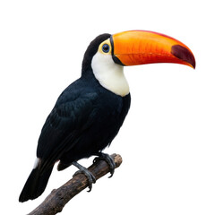Obraz premium Colorful toucan with large beak isolated PNG, tropical bird with black plumage and vibrant orange bill on transparent background