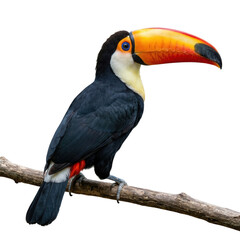 Fototapeta premium Colorful toucan with large beak isolated PNG, tropical bird with black plumage and vibrant orange bill on transparent background