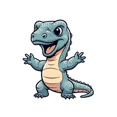 Fototapeta premium Cute Chibi Komodo Dragon Mascot Illustration, Friendly Teal Monitor Lizard Character with Open Arms and Winking Eye, Standing Happy Reptile Vector Isolated on White Background.