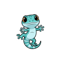 Fototapeta premium Vector illustration of a cute chibi gecko mascot with teal and light blue scales, large expressive orange eyes, dark spots, and striped tail, isolated on a white background.