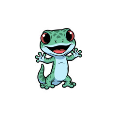 Obraz premium Chibi style gecko character illustration with green spotted skin and large orange eyes, standing and waving with a happy open-mouth smile, isolated on a solid white background.