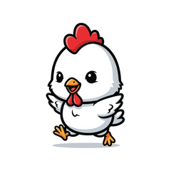 Fototapeta premium Cute chibi style white chicken cartoon character illustration featuring a red comb and wattle in a cheerful walking pose with wings out, isolated on a plain white background.