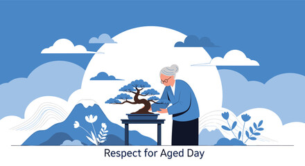 Obraz premium Senior woman carefully pruning a bonsai tree in a peaceful Japanese garden with mountains and a large sun in the background.