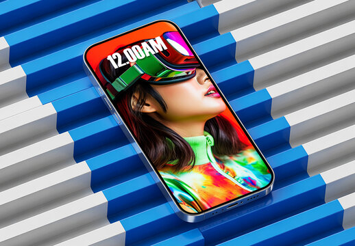 Smartphone Mockup with Futuristic Portrait on Striped Surface