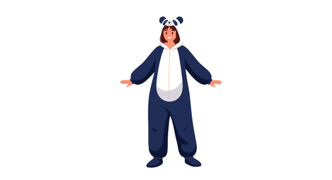 Person wearing a dark blue panda onesie stands with arms out showcasing a comfortable and playful animal themed kigurumi outfit.