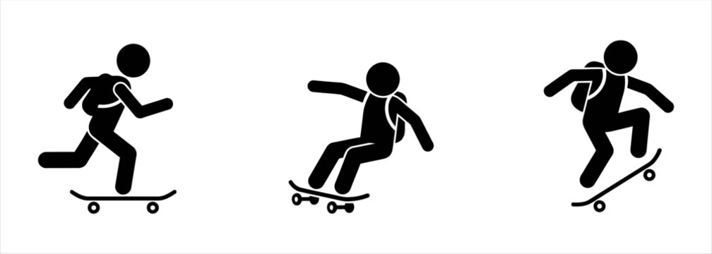 Dynamic stick figure icons depicting various skateboarding actions and youth activities