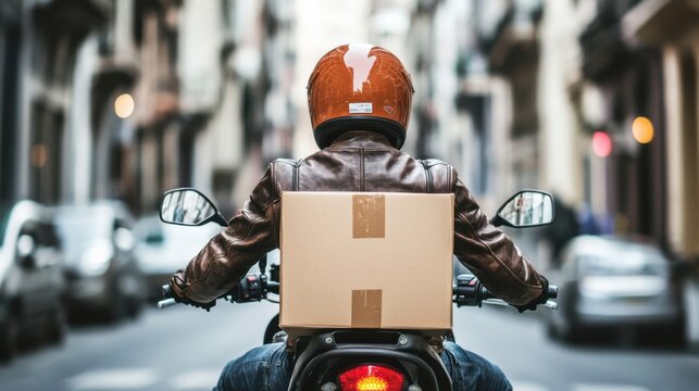 Delivery rider on motorcycle city street action scene urban environment side view fast-paced delivery