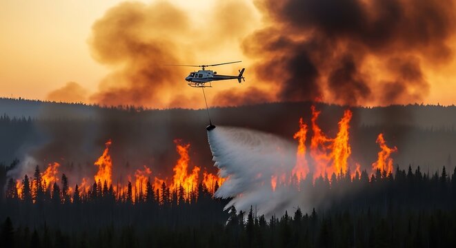 Helicopter drops water on forest fire.