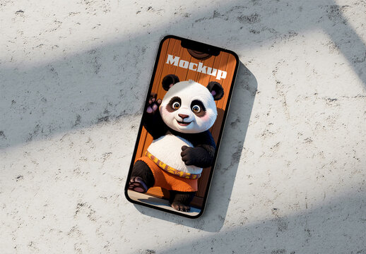 Smartphone Screen Mockup on Concrete Surface with Cute Panda Character and Sunlight Shadows