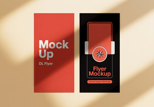 Two DL Flyer Mockups on Neutral Background with Sunlight and Diagonal Shadows