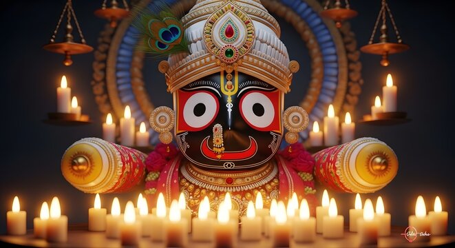 The majestic Indian deity statue adorned with vibrant ornaments stands surrounded by candles.