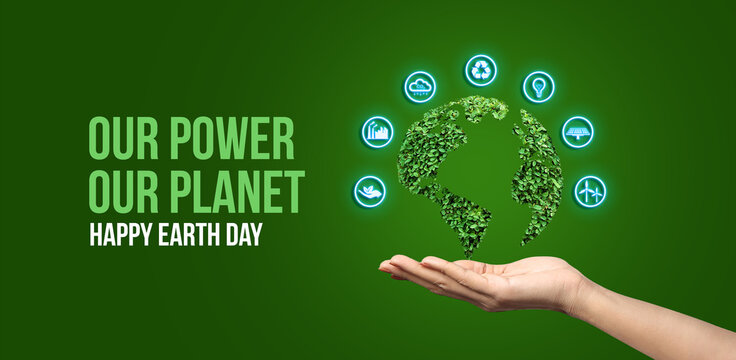 Our power, our planet. Earth day 2026 concept background. Ecology concept. Design with globe map drawing and leaves isolated on white background.