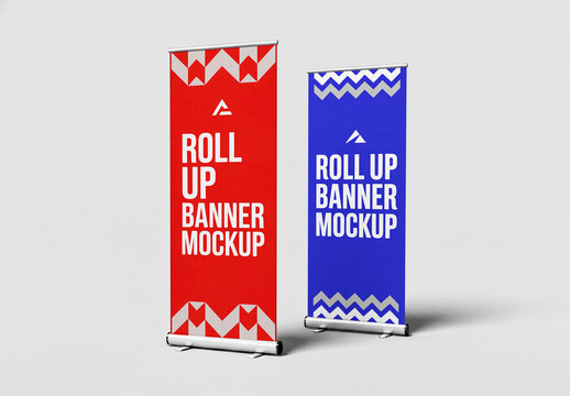 Two Roll Up Banner Mockups with Red and Blue Geometric Designs on White Background