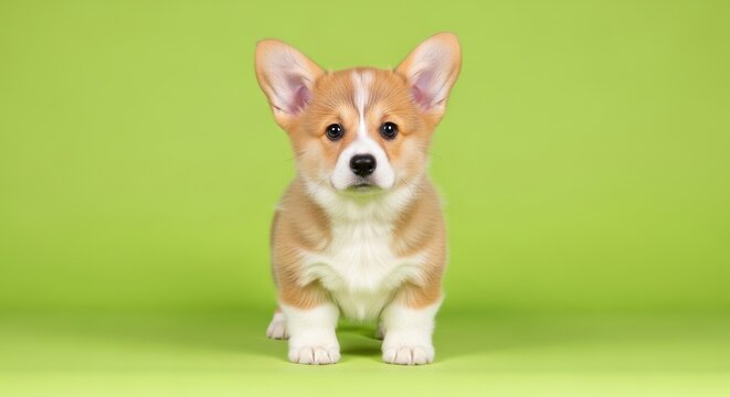 Adorable corgi puppy stands on bright green background, oversized ears and curious eyes creating an irresistibly playful moment of pure canine sweetness

