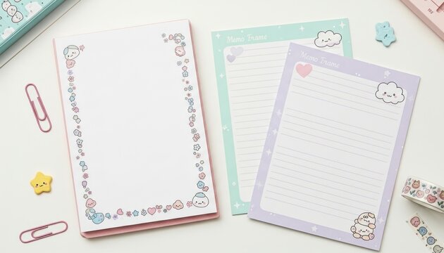 A stack of cute notepads with pastel designs and lined sheets surrounded by stationery items