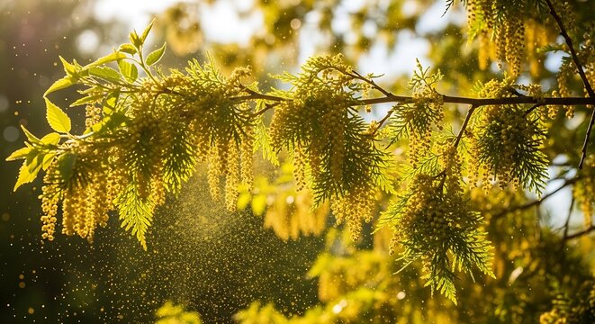 Golden pollen falling from tree branches with green leaves and yellow flowers