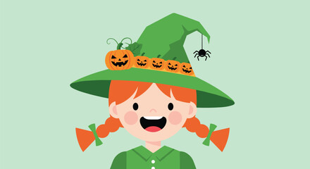 Fototapeta premium Happy young girl with red hair wearing a green witch hat decorated with small pumpkins and a spider for halloween celebrations.