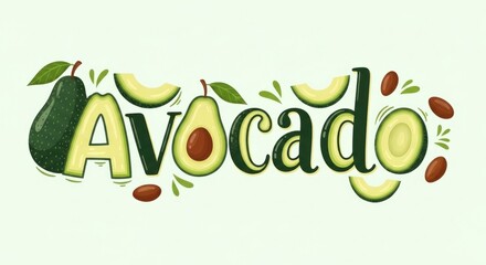 Naklejka premium A stylized illustration of the word 'Avocado' with various avocado slices, leaves, and pits