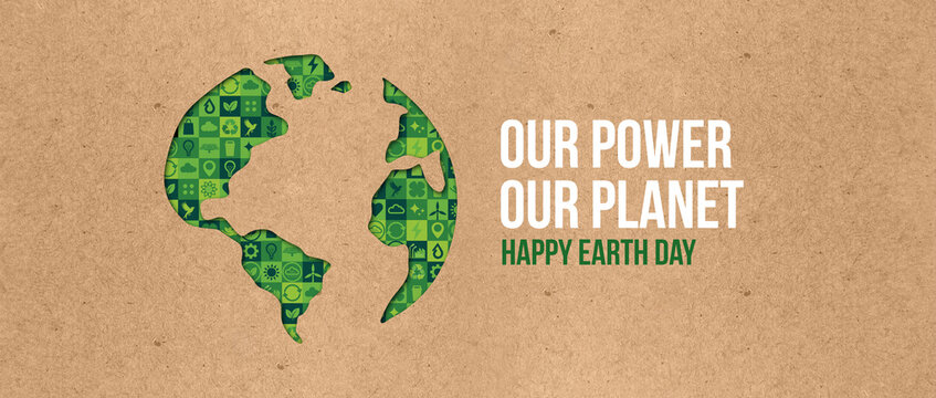 Our power, our planet. Earth day 2026 concept background. Ecology concept. Design with globe map drawing and leaves isolated on white background.