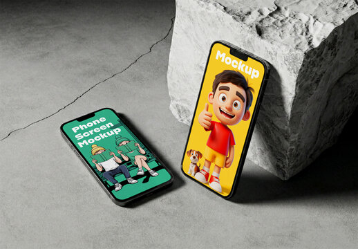 Two Smartphone Screen Mockups on Stone Surface