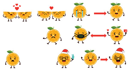 Fototapeta premium Collection of cute orange slice characters showing various emotions and actions like love sadness and wearing masks.