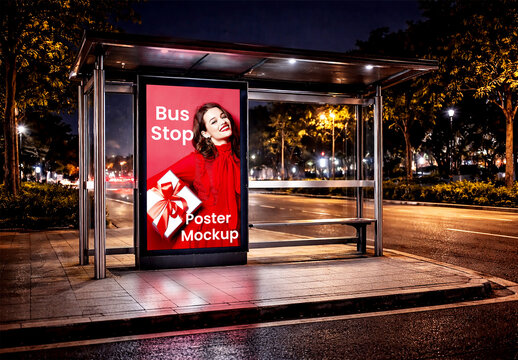 Vertical Poster Mockup at Night Bus Stop Shelter on City Street with Woman and Gift Box Design