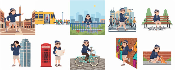 Fototapeta premium Set of Vector Illustrations of a Young Girl Traveler Exploring Urban City Landmarks, Sightseeing, and Enjoying Outdoor Activities