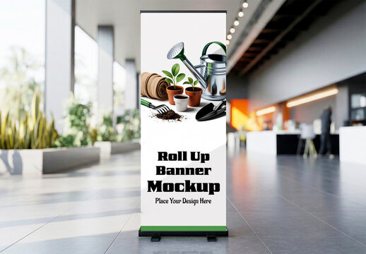 Vertical Roll Up Banner Mockup in Modern Office Interior with Gardening and Nursery Branding