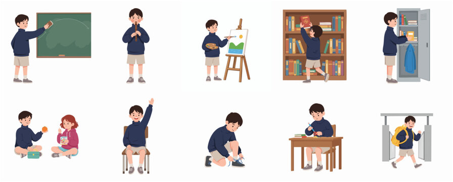 Set of cute illustrations featuring a schoolboy performing various daily activities like studying, painting, playing music, and organizing books at school.