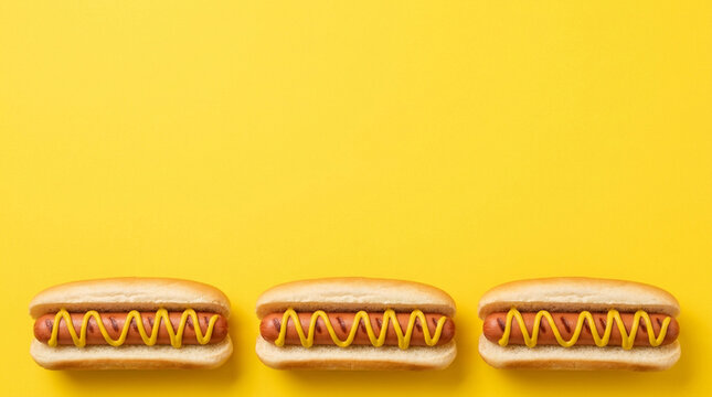 Multiple hot dogs lined up on yellow background banner