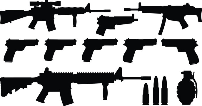 Weapon silhouettes vector set. Rifles, pistols, bullets, and grenade icons collection. Military equipment shapes isolated for army, security, and defense design projects.