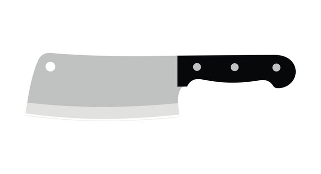 Simple flat illustration of a large kitchen cleaver or butcher knife with a sharp grey blade and a black handle on white.