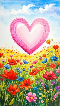 A vibrant field of multicolored flowers under a heart