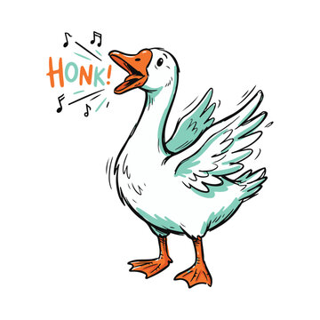 A domestic animal, a goose, sings with musical notes and the word HONK.