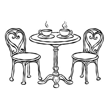 Romantic Paris Caf&eacute; Table With Two Vintage Bistro Chairs And Coffee Cups Classic French Sidewalk Caf&eacute; Scene Elegant Line Art Illustration