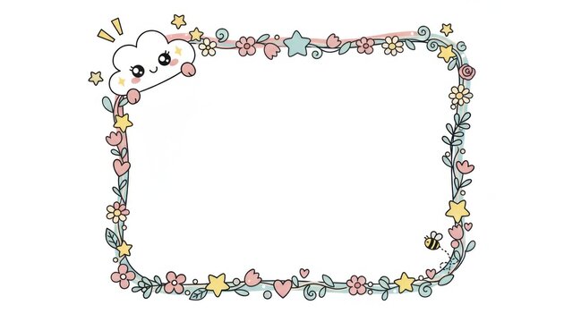 A whimsical border features a smiling cartoon cloud and various colorful shapes