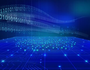 Obraz premium Futuristic Digital Data Network With Blue Circuit Grid, Binary Code and Abstract Cyber Technology