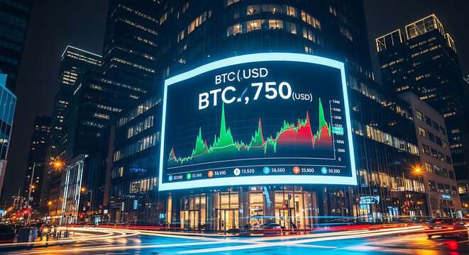 Investor checking crypto portfolio on city billboard at night closely