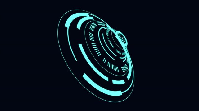 Futuristic neon blue HUD circle interface rotating in 3D perspective on transparent background, digital technology and futuristic data display element