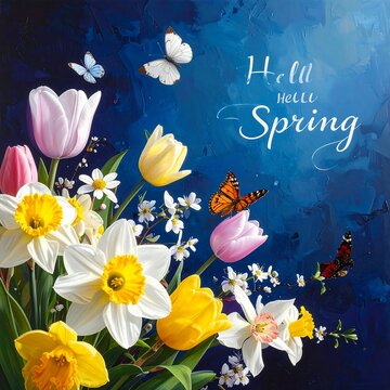 A vibrant floral arrangement with colorful blooms and insects