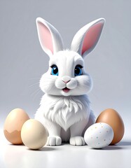 Obraz premium A white rabbit with blue eyes and pink ears sitting with four eggs