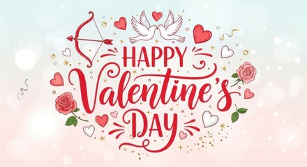 Fototapeta premium A festive Valentine's Day graphic featuring a heart-shaped arrangement of roses, hearts, and decorative elements on a pastel background