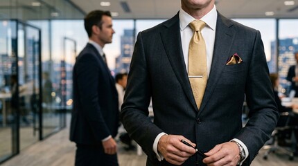 Fototapeta premium Professional businessman in tailored dark charcoal suit and luxurious gold silk tie stands in modern glass office near blurred executive.