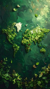 A vibrant green world map covered in lush foliage and plants